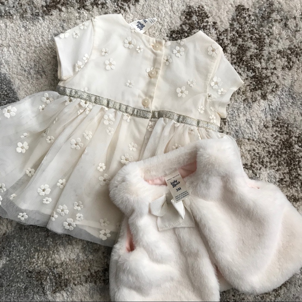 Oshkosh 0-3 cream dress & fur vest new No tags - Picture 4 of 4